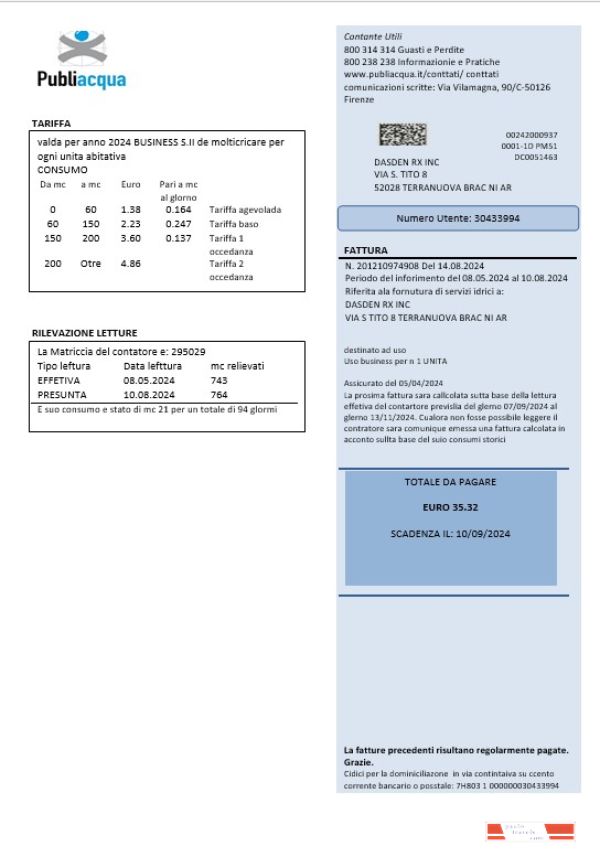Italy Publiacqua business utility bill template in Word and PDF format